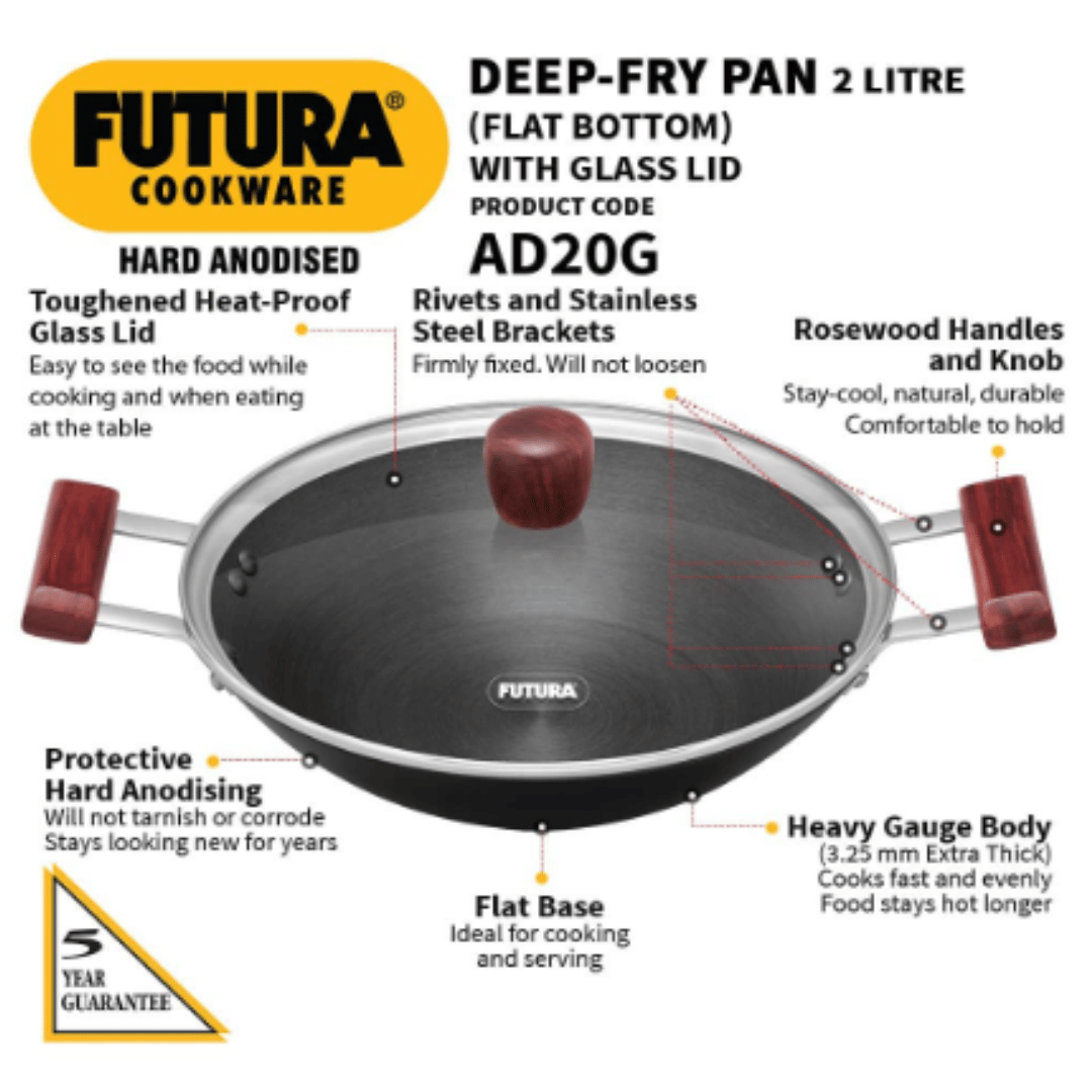 Hawkins 2 Litre Futura Hard Anodised Deep Fry Pan, With Glass Lid, Black, AD20G