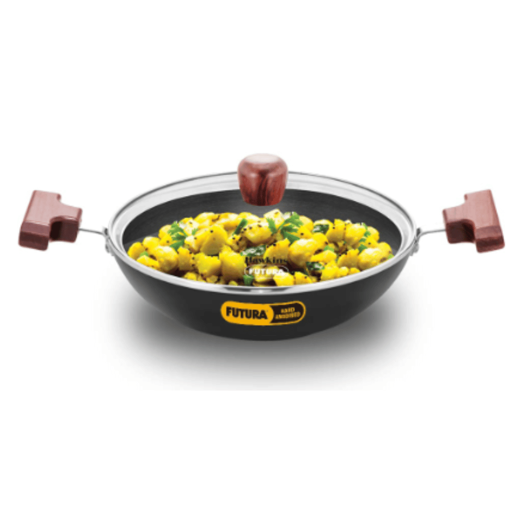 Hawkins 1.5 Litre Futura Hard Anodised Deep Fry Pan With Glass Lid, Round Bottom, Black, AK15G