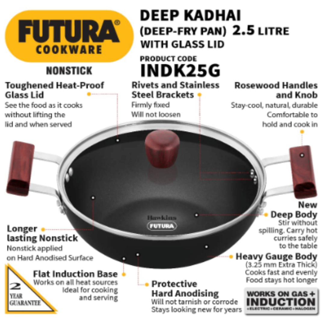 Hawkins 2.5 Litre Futura Non Stick Deep Fry Pan with Lid, Flat Bottom, Induction Kadai, Black, INDK25G