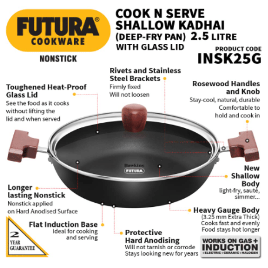 Hawkins 2.5 Litre Futura Shallow Kadai, Nonstick Kadai with Lid, Flat Bottom, Induction, Black INSK25G