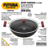 Hawkins 5 Litre Futura Nonstick Deep Kadai with Glass Lid, Flat Bottom Induction, Black INK50G