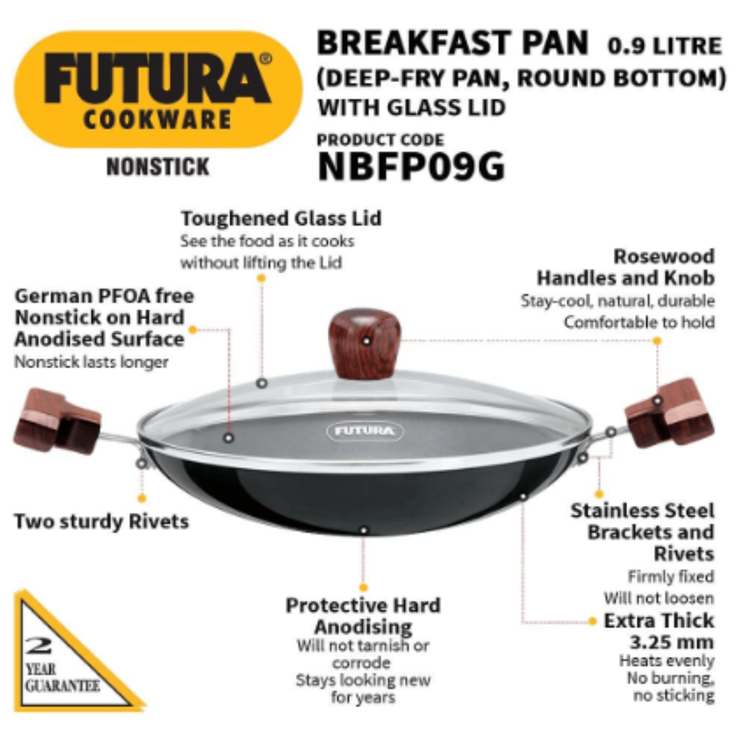 Hawkins 0.9 Litre Futura Nonstick Deep Fry Pan with Glass Lid, Round Bottom, Black NBFP09G