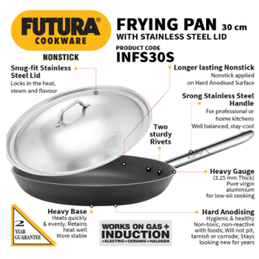 Hawkins 30 cm Futura Frying Pan with Stainless Steel Lid, Non Stick, Induction, Black INFS30S