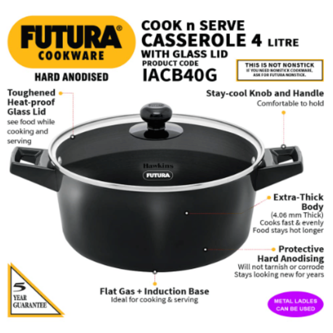 Hawkins Futura 4 Litre Cook N Serve Stewpots Bowl, Casserole, Hard Anodised Saucepan with Glass Lid, IACB40G