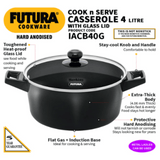 Hawkins Futura 4 Litre Cook N Serve Stewpots Bowl, Casserole, Hard Anodised Saucepan with Glass Lid, IACB40G