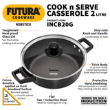 Hawkins Futura 2 Litre Cook N Serve Stewpots Bowl, Casserole, Hard Anodised Saucepan with Glass Lid, INCB20G