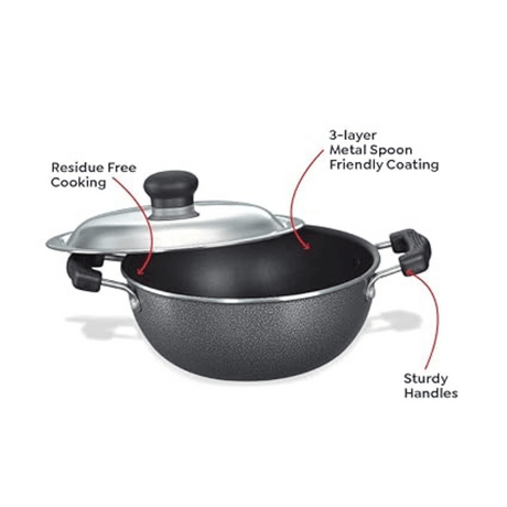 Prestige 27 cm Omega Select Plus Aluminium Flat Base Non Stick Coating Kadai with SS Lid (30728)