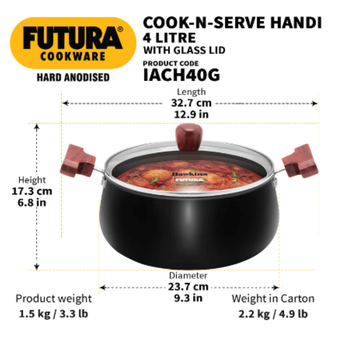 Hawkins Futura 4 Litre Cook N Serve Handi, Hard Anodised Biryani Handi with Glass Lid,  IACH40G