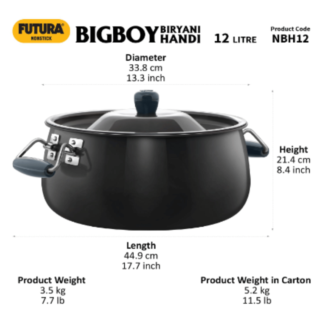 Hawkins Futura 12 Litre Biryani Handi, Non Stick Pot with Hard Anodised Lid, NBH12