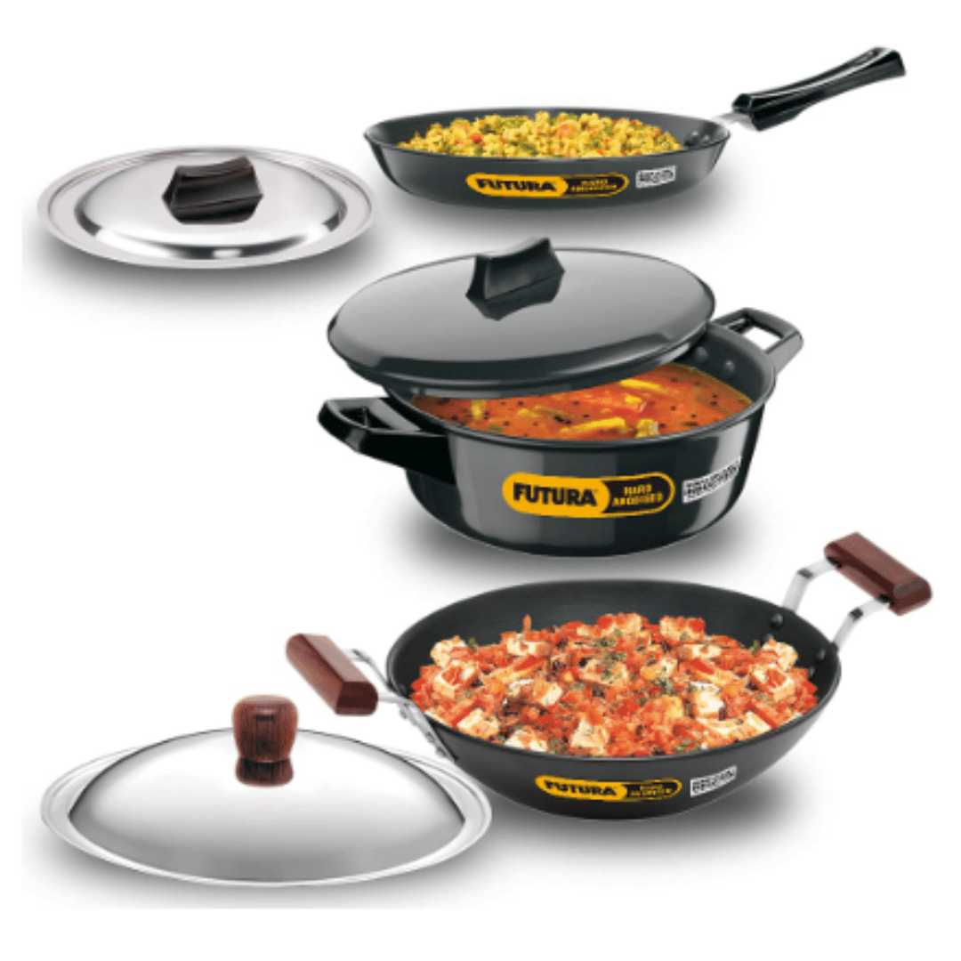 Hawkins Aluminium Futura 3 Pieces Cookware Set 1, Induction Cookware Set - Hard Anodised Frying Pan, Kadhai And Cook-N-Serve Bowl With One Hard Anodised Lid, IASET1