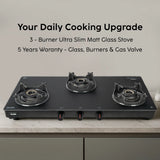 3 Burner Matte Finish Glass Gas Stove with High Flame Brass Burner (CT1038SLCPBLMG)