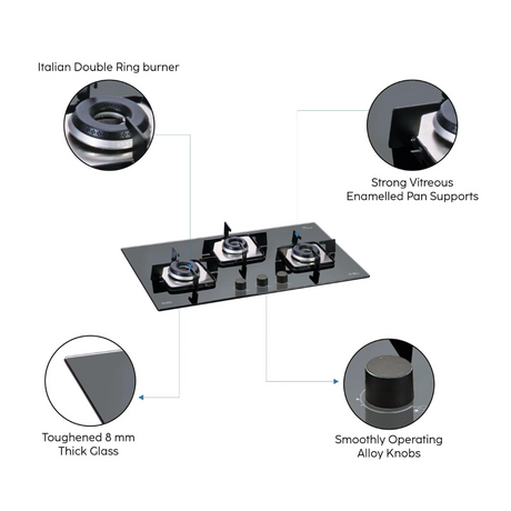  Glen 3 Burner Built-in Glass Hob 1073 SQ IN