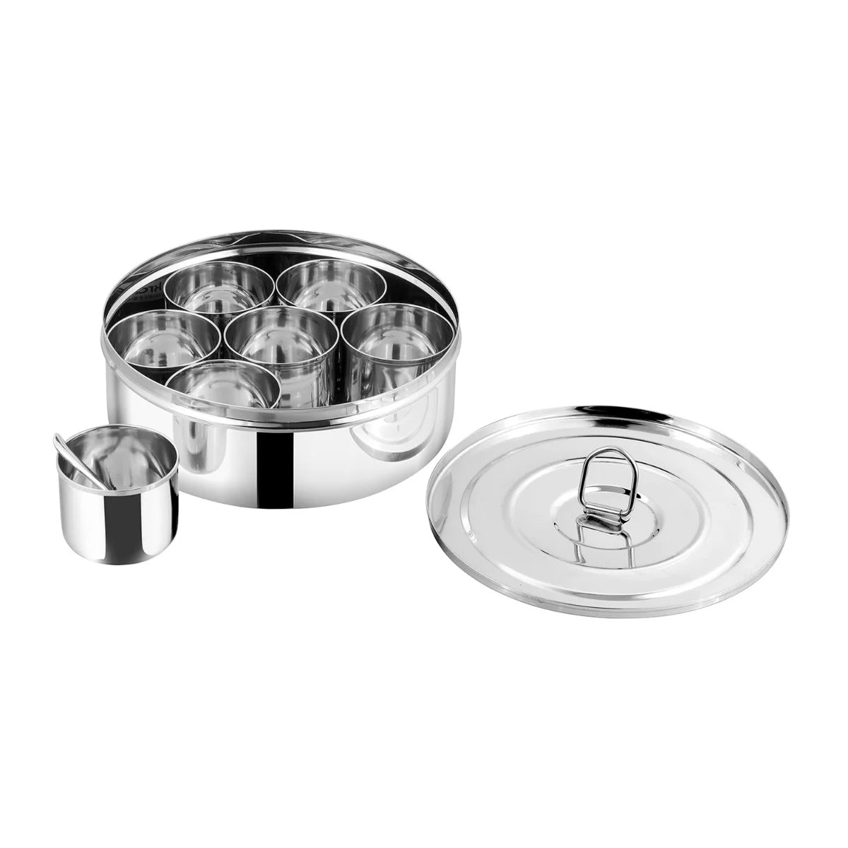 Stainless Steel Spice(Masala) Box/Dabba/Organiser with a Stainless Steel Lid and a Separator Plate -7 containers and a small spoon,Silver,Non Toxic, BPA Free- Small