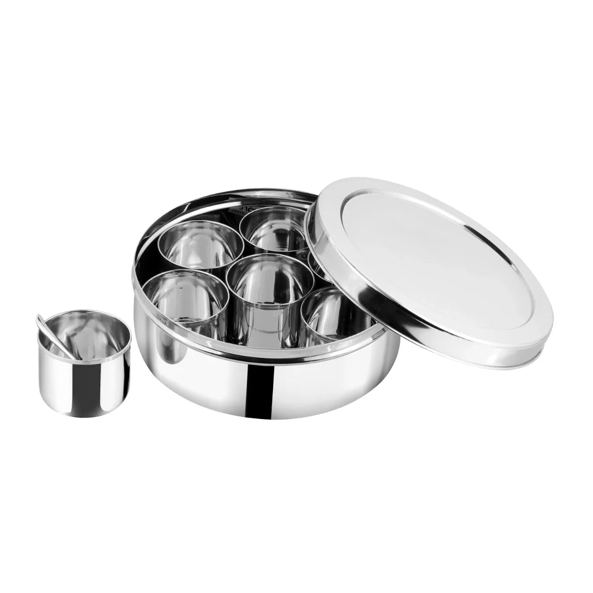 Stainless Steel Spice(Masala) Box/Dabba/Organiser with a Stainless Steel Lid and a Separator Plate -7 containers and a small spoon,Silver,Non Toxic, BPA Free- Small