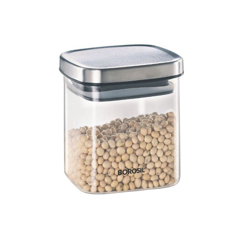 Borosil Classic Square Glass Jar,Transparent (0.6 L)