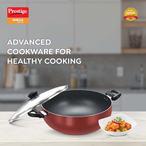Prestige Omega Deluxe Aluminium Non-Stick Round Base Deep Kadai with Glass Lid 24cm (Red) 36725