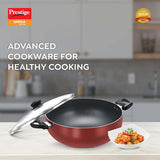 Prestige Omega Deluxe Aluminium Non-Stick Round Base Deep Kadai with Glass Lid 24cm (Red) 36725