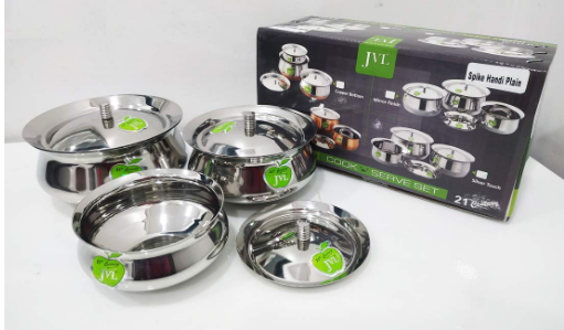 Mukti Jvl Small Size Spike Handi Plain Stainless Steel Cooking Sauce Pot Handi Vessel with Lid - 3 Pcs Set - ES_JVL_SH-1x3P