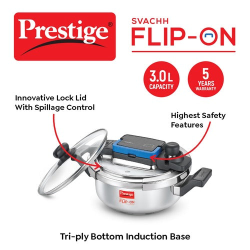 Prestige Svachh Flip-on Stainless Steel Spillage Control Pressure Cooker with Glass Lid, 3 Litre (Silver) 20156