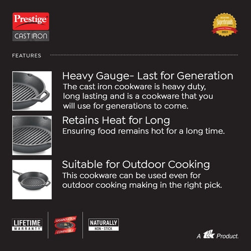 Prestige Cast Iron Scratch Resistant Gas and Induction Compatible Grill Pan, (Black) 30560