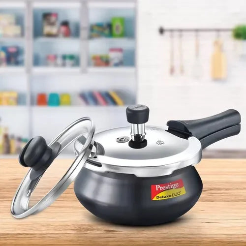 Prestige Deluxe Duo Plus Hard Anodised Gas and Induction Compatible Pressure Handi with Glass Lid, 2 L (Black)20359