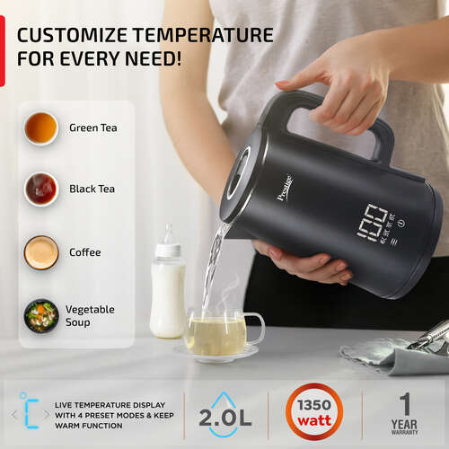 Digi Kettle 2.0 Litre with 4 Preset Modes| Live Temperature Display| Elegant Cool Touch Design| Auto-Cut Off and Dry Heat Protection| 360 Degree Swivel Base