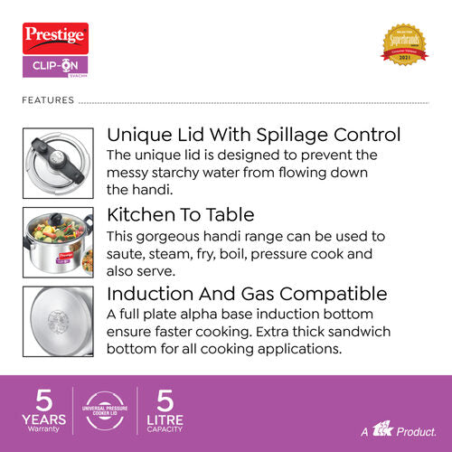 Prestige Clip-on Svachh Stainless Steel Spillage Control Pressure Cooker with Glass Lid, 5 L (Silver) 20230