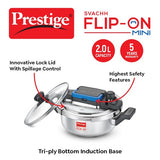 Prestige Svachh Flip-on Mini Stainless Steel Spillage Control Pressure Cooker with Glass Lid, 2 Litre (Silver) 20164
