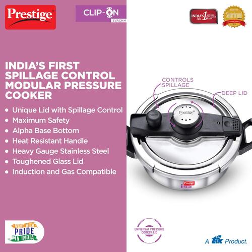 Prestige Clip-on Svachh Stainless Steel Spillage Control Pressure Cooker with Glass Lid, (Silver) 20229