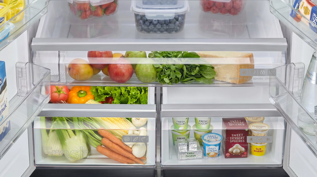 iQ100 503L French Door Bottom Mount Refrigerator with Total No Frost, hyperFresh Flex & Dark Lake Glass Finish – KC88EA256I