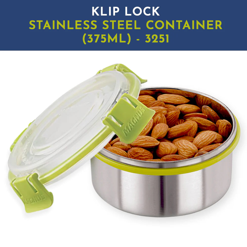 KLIP LOCK Stainless Steel Airtight Leakproof Container – 375ML – Durable Lunch Box for Office Men, Women & Kids, Kitchen Storage Solution