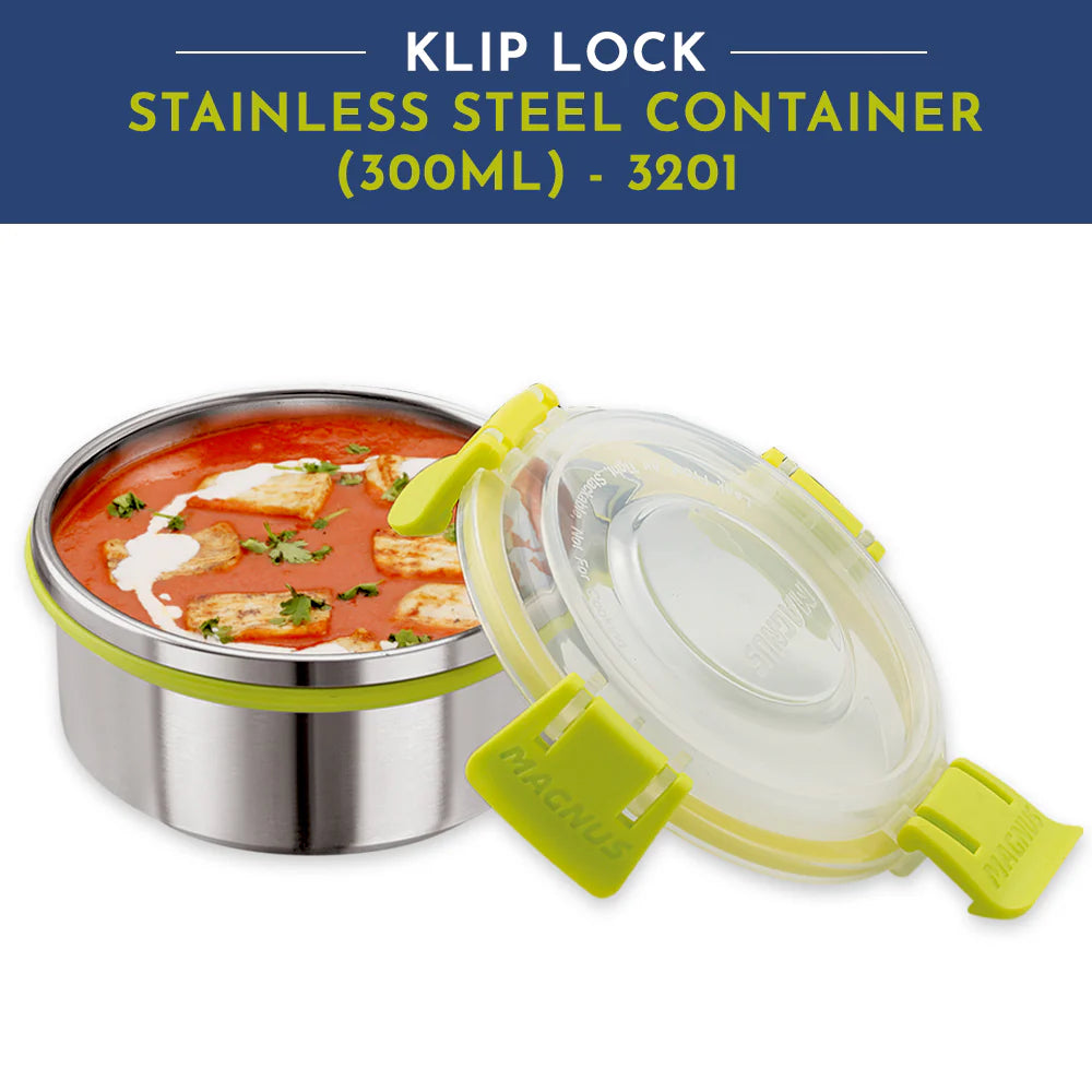 KLIP LOCK Stainless Steel Airtight Leakproof Storage Container – 300ML – Ideal Lunch Box for Office Men, Women & Kids, Durable Klip Lock Design