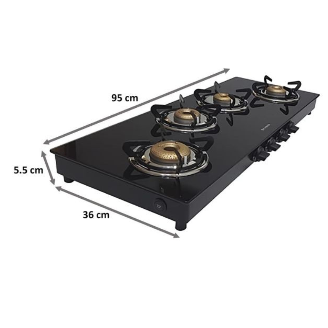 Faber JUMBO XL AL 4BB/JUMBO XL 4BB 95CM Glass Cooktop with Manual Gas Stove Heat resistant black Enameled Round (4 Burners)