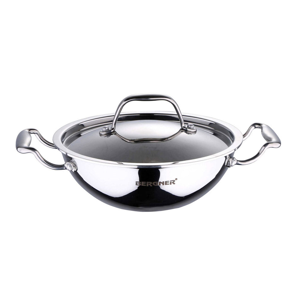 Bergner Argent Stainless Steel Kadai with Lid, 20 Cm 1.5 Ltr