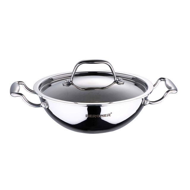 Bergner Argent Stainless Steel Kadai with Lid, 20 Cm 1.5 Ltr