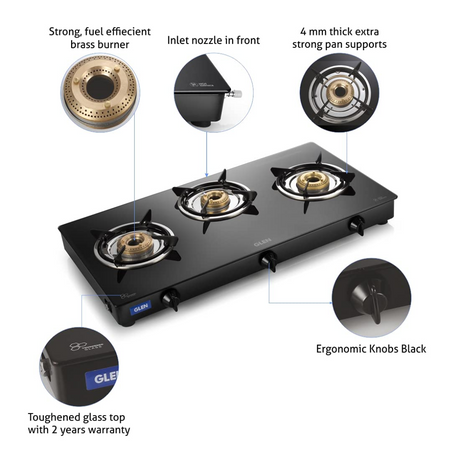 Glen 3 Burner Glass Gas Stove with Brass Burner Black 1034GT BB BL