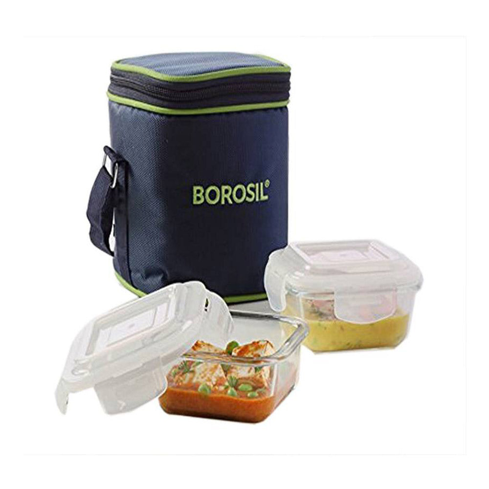 Borosil Lunch Box Set of 2 Klip N Store Square Microwavable Containers with Lunch Bag Transparent