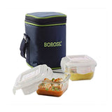 Borosil Lunch Box Set of 2 Klip N Store Square Microwavable Containers with Lunch Bag Transparent