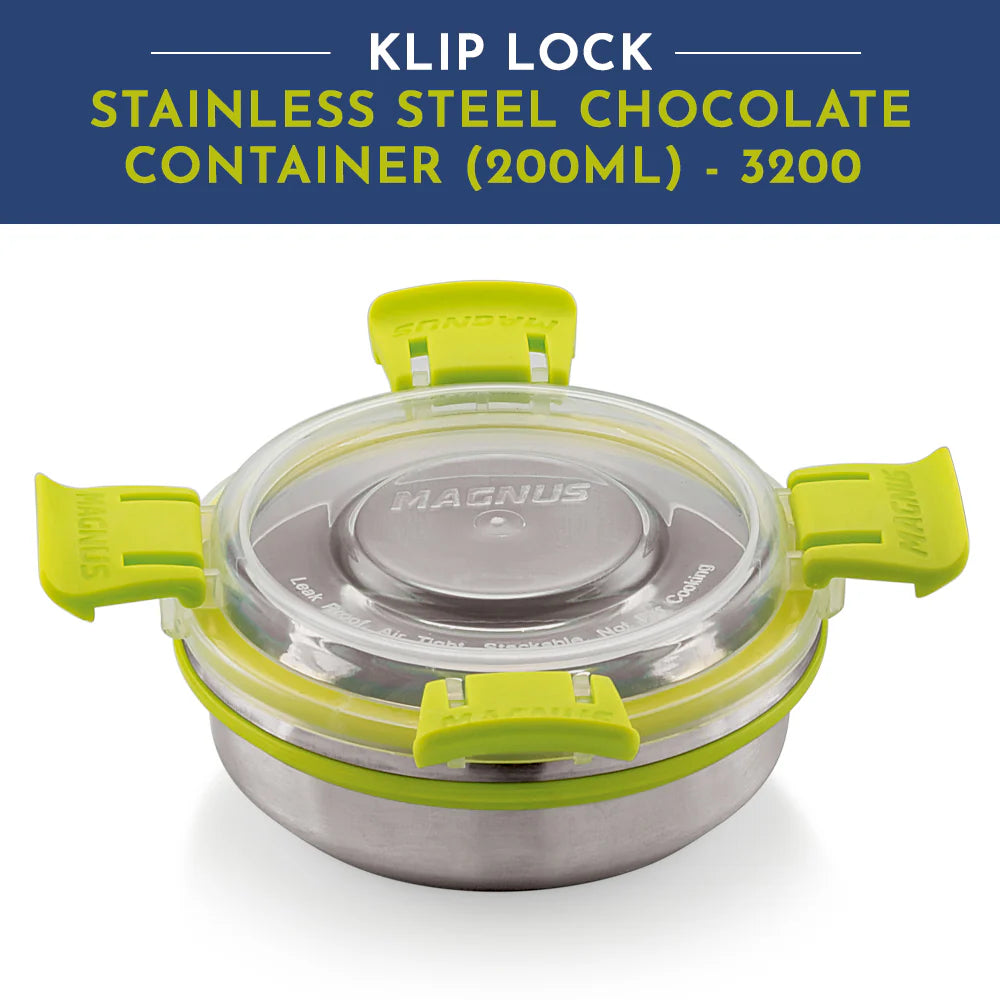 Klip Lock Stainless Steel Airtight Leakproof Storage Container 200ML – Premium Chocolate Container, Ideal Lunch Box for Office Men, Women & Kids