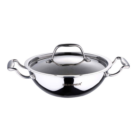 Bergner Argent Stainless Steel Wok Kadai with Lid 24 Cm (BG-6332)