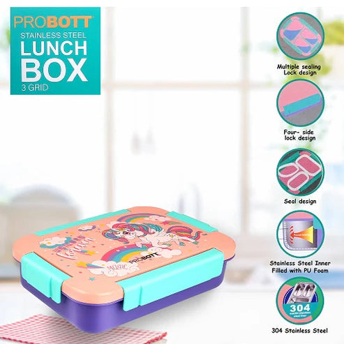 Lunch On 710ml Stainless Steel Lunch Box | 3 Compartment Tiffin with Leak-Proof Character Lid | BPA-Free Food Grade | Perfect for School & Office | PBH 6033