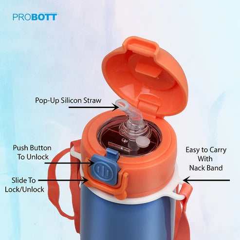 Cutie 320ml Kids Sipper Water Bottle – Stainless Steel Hot & Cold Vacuum Flask with Push Button Locking System, Blue | PB 320-03