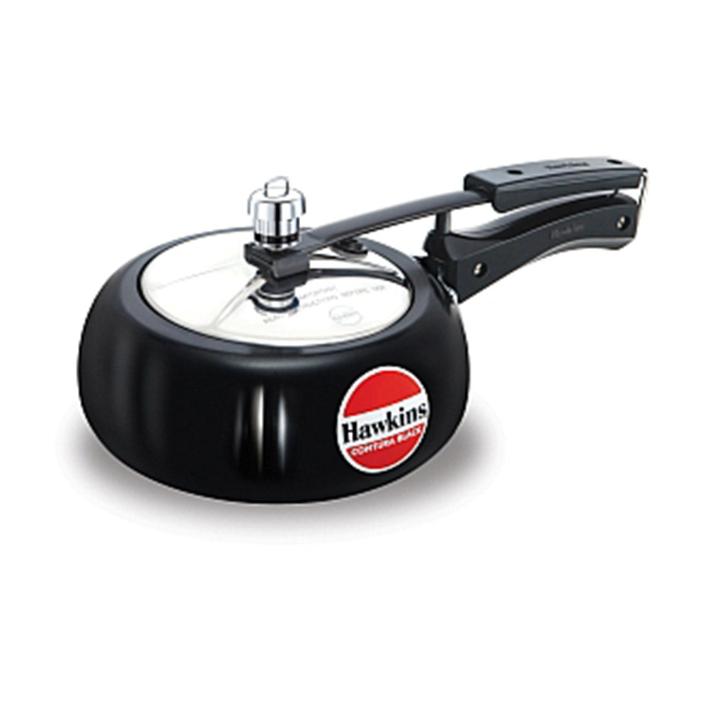 Hawkins Contura Black Pressure Cooker 2 Litre: CB20 with Hawkins Genuine 2 Gasket & 2 Safety Valve