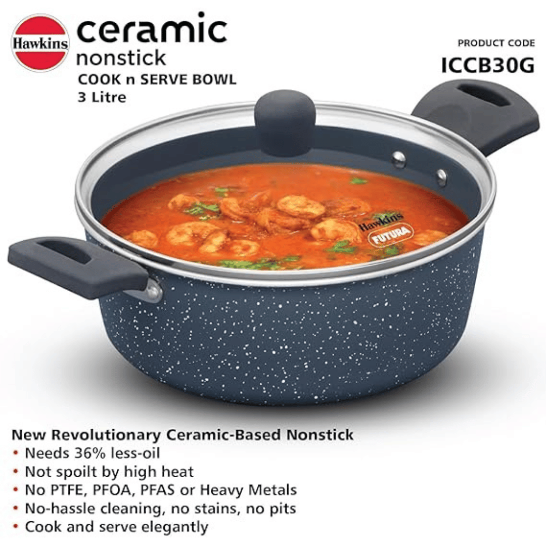 Hawkins Ceramic Nonstick Cook-n-Serve Bowl 3 Litre With Glass lid (ICCB30G)
