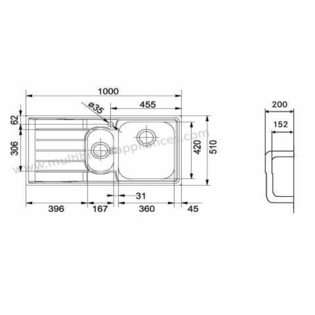 Franke NEPTUNE (NET 651) (Right Hand Side Drainbord) (1000x510) Stainless Steel 0.8mm Microdecor Finish Tap Mounted One and Half Bowl with Drainer Sink  101.0253.263