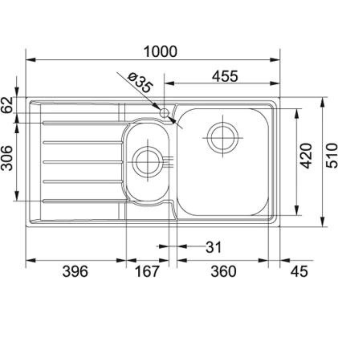 Franke NEPTUNE (NET 651) (Left Hand Side Drainbord) (1000x510) Stainless Steel 0.8mm Microdecor Finish Tap Mounted One and Half Bowl with Drainer Sink 101.0253.836