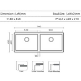 Franke BXX 220/120-54-54 EUROPEAN SATIN FINISH (1140x450/45x18) Stainless Steel 1mm European Satin Finish Hand Made Double Bowl Sink 127.0516.117 
