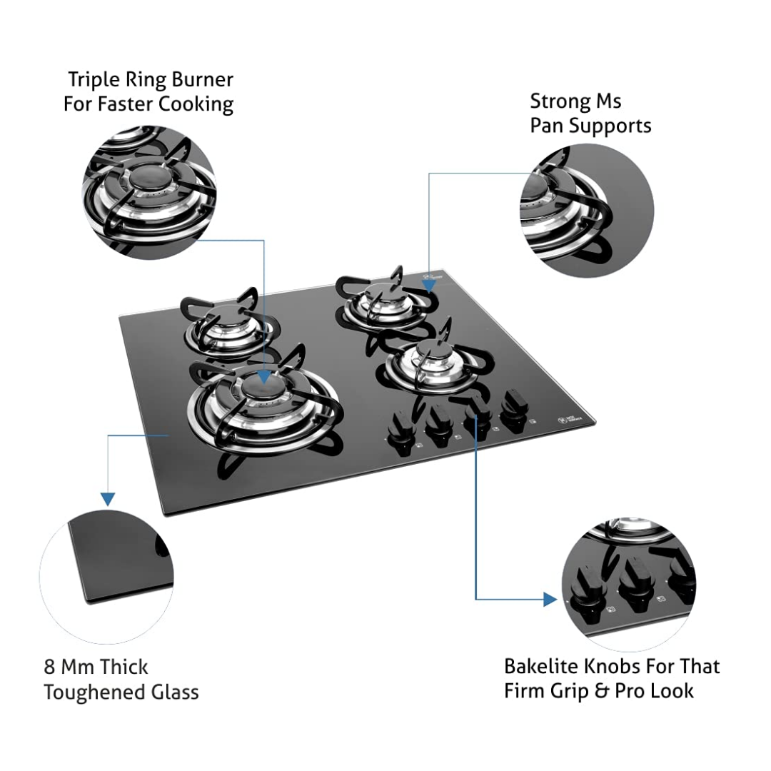 Glen 4 Burner Built in Glass Hob| Triple Ring Burner |European Sealed Burners AI |1065 TRG