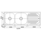 Franke 621 CX OMNI (1379x504/55x20)  Stainless Steel 0.8mm European Satin Finish Double Bowl with Drain Board Sink 101.0153.145