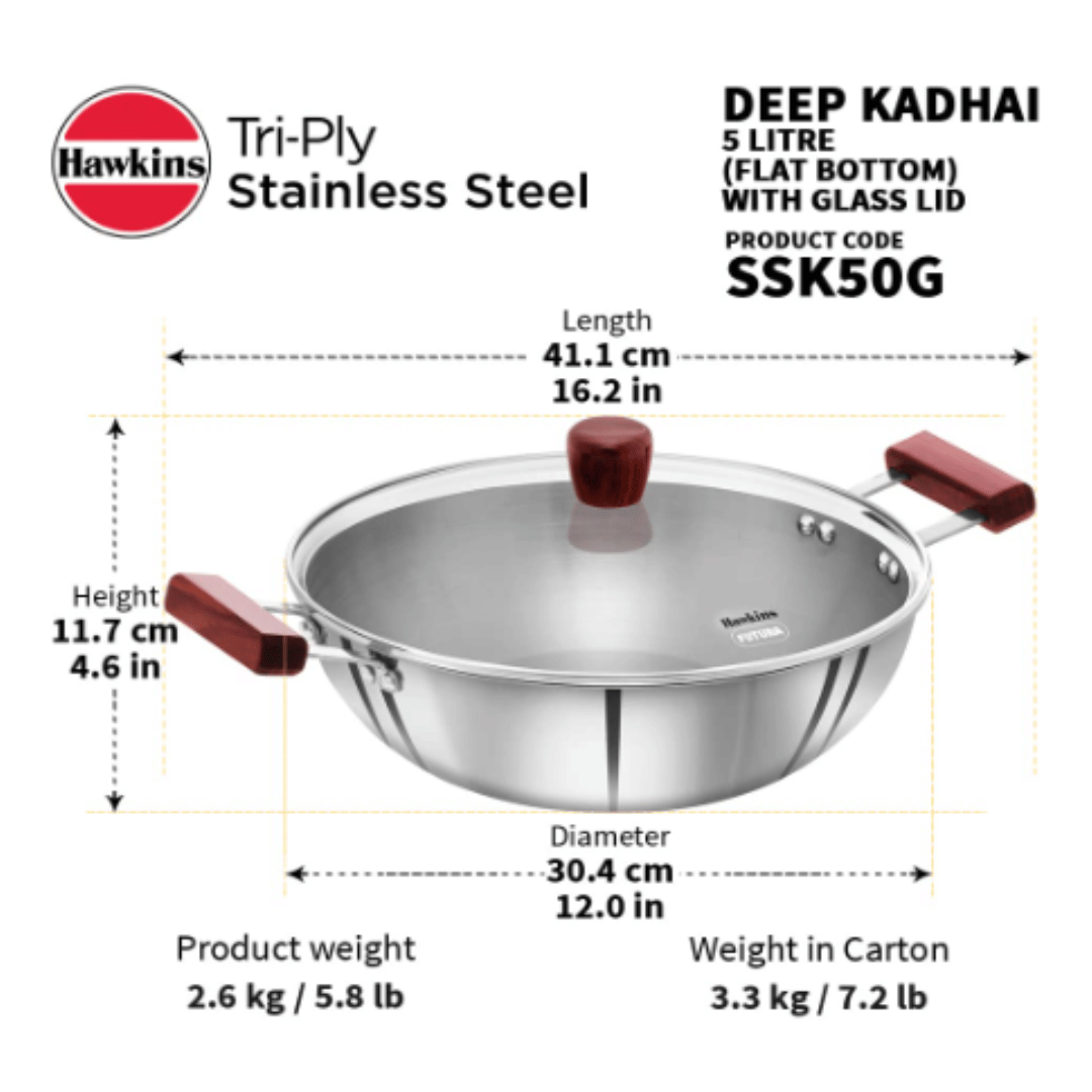 Hawkins 5 Litre Deep Kadhai, Triply Stainless Steel Kadai with Glass Lid Silver, SSK50G